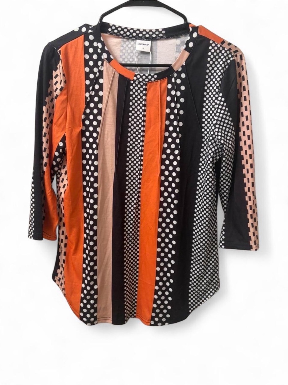 Three-Quarter Sleeve Striped & Polka Dot Blouse - Black, Orange, Tan